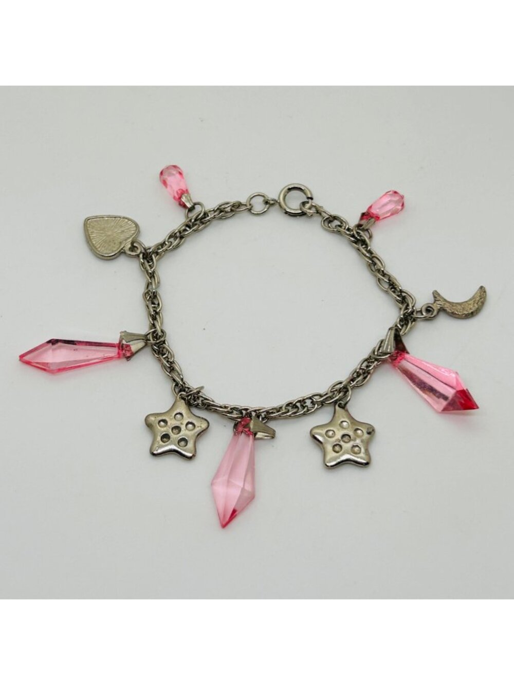 Pink Star Moon Heart Charm Bracelet Silver Tone Vintage Jewelry